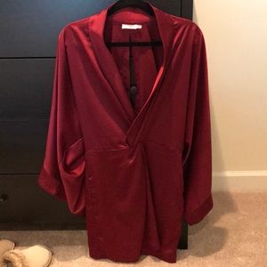 Sexy red satin robe dress w/ open back